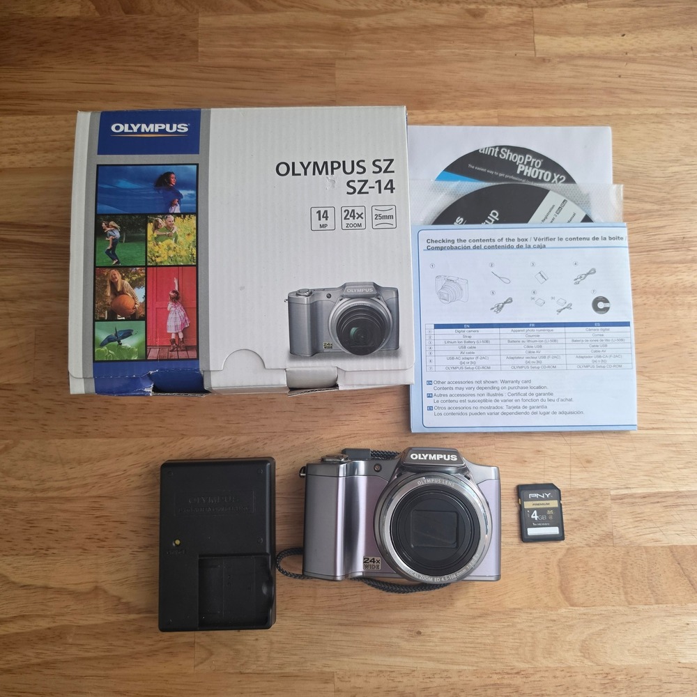 Olympus SZ-14 Digital Camera Silver 14MP 24x Zoom Bundle With Box & SD CARD
